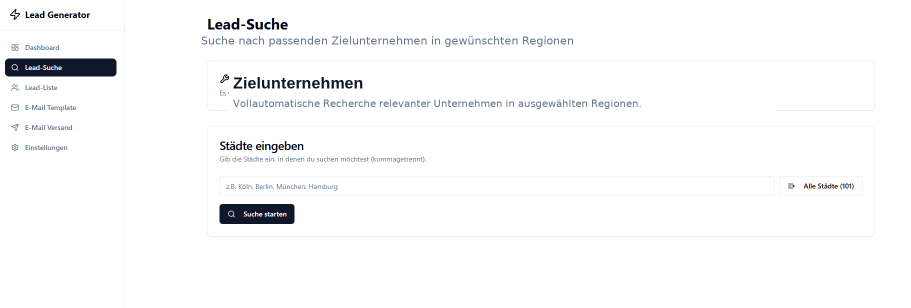 Lead-Suche — standortbasierte Recherche mit Radius-Auswahl.