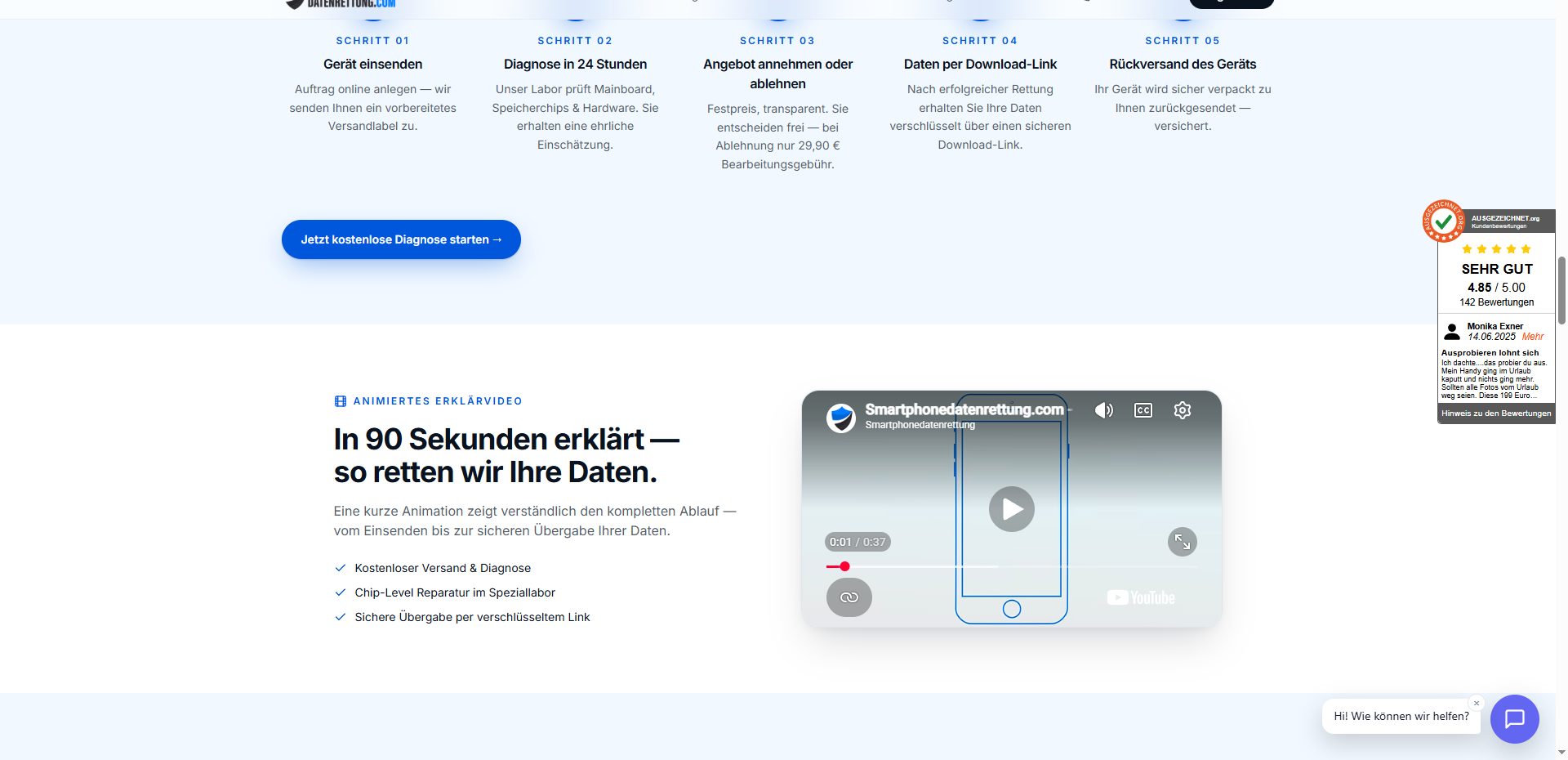 Ablauf-Sektion mit fünf Schritten und animiertem Erklärvideo zur Datenrettung.
