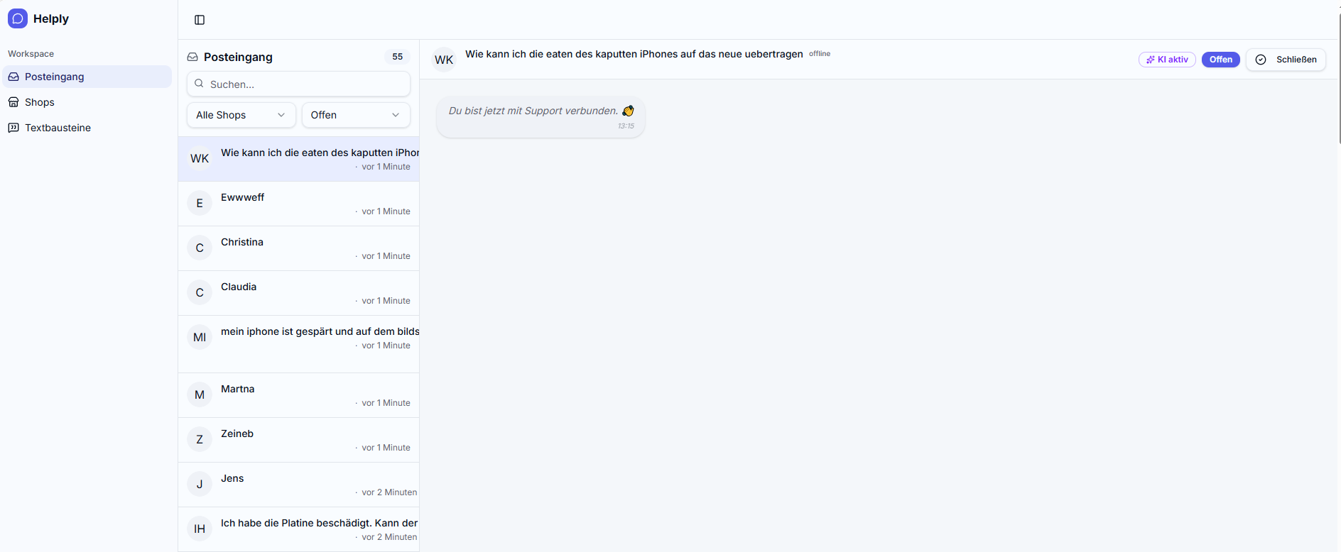 Zentraler Posteingang mit allen Konversationen und KI-Statusanzeige.