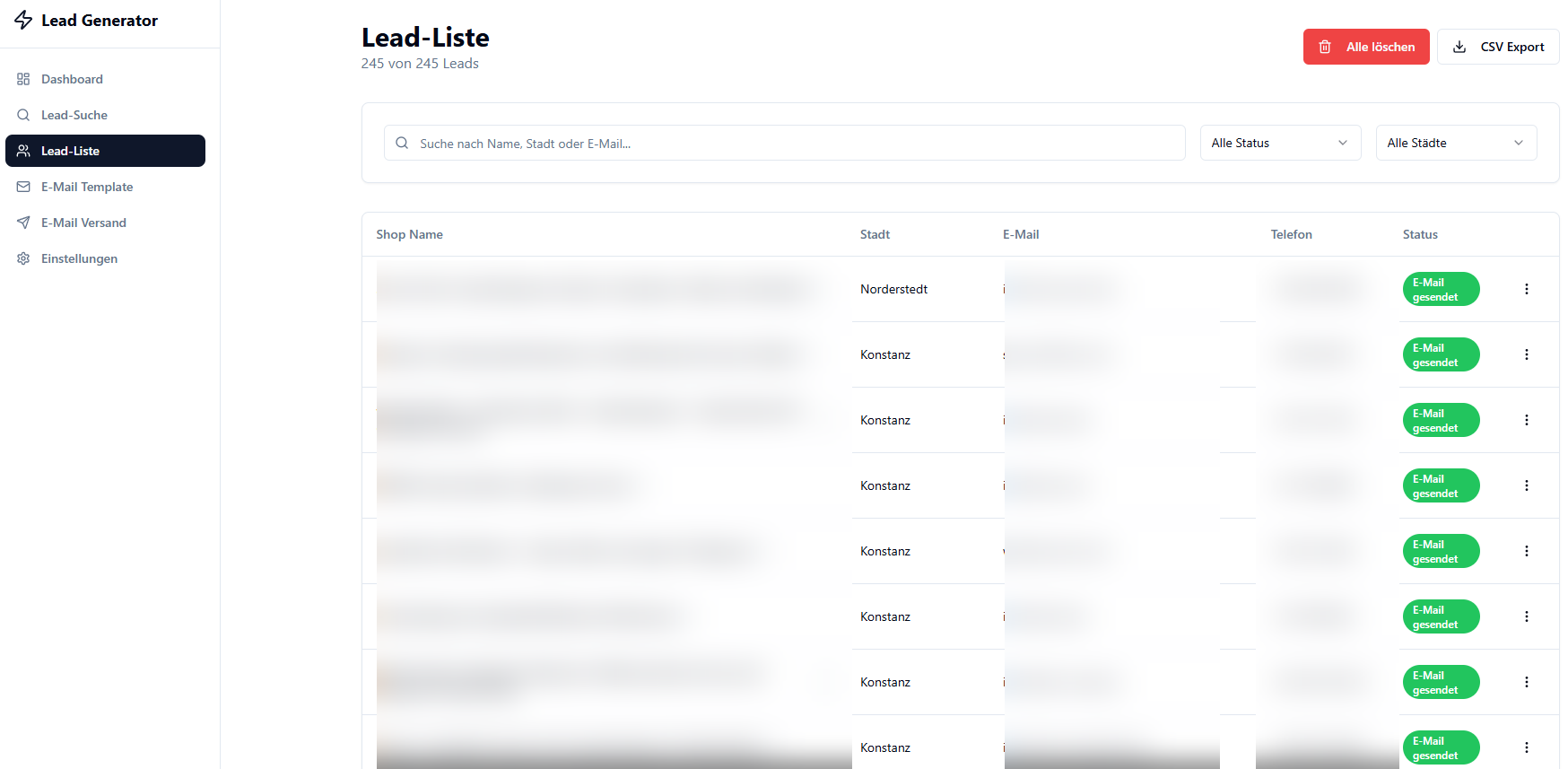 Lead-Liste — strukturierte Ansicht mit Filtern, Status und CSV-Export.