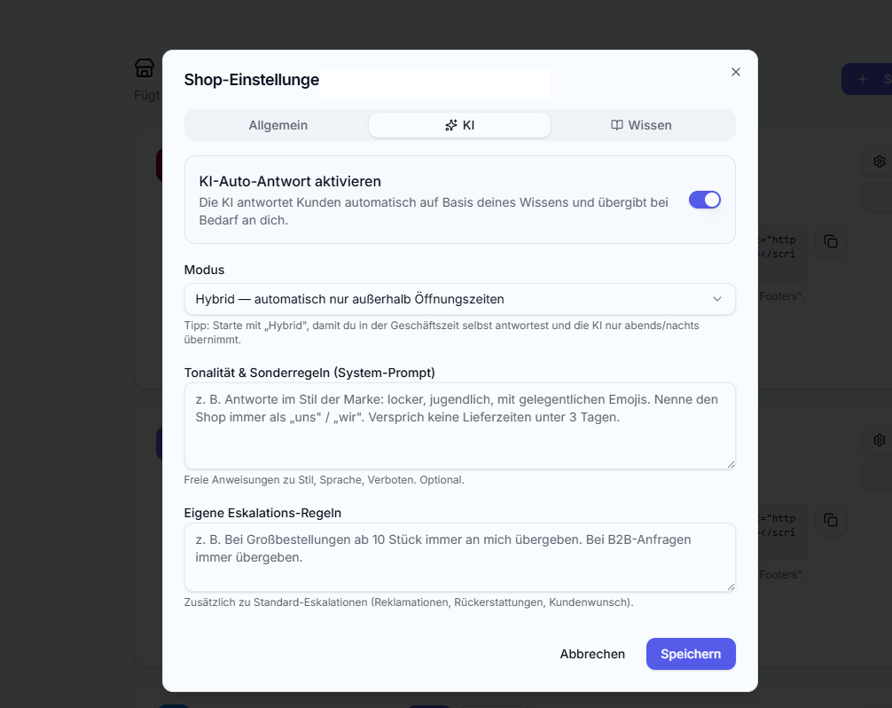 Webseiten-Einstellungen mit KI-Autoantwort, Modus-Auswahl und Eskalationsregeln.